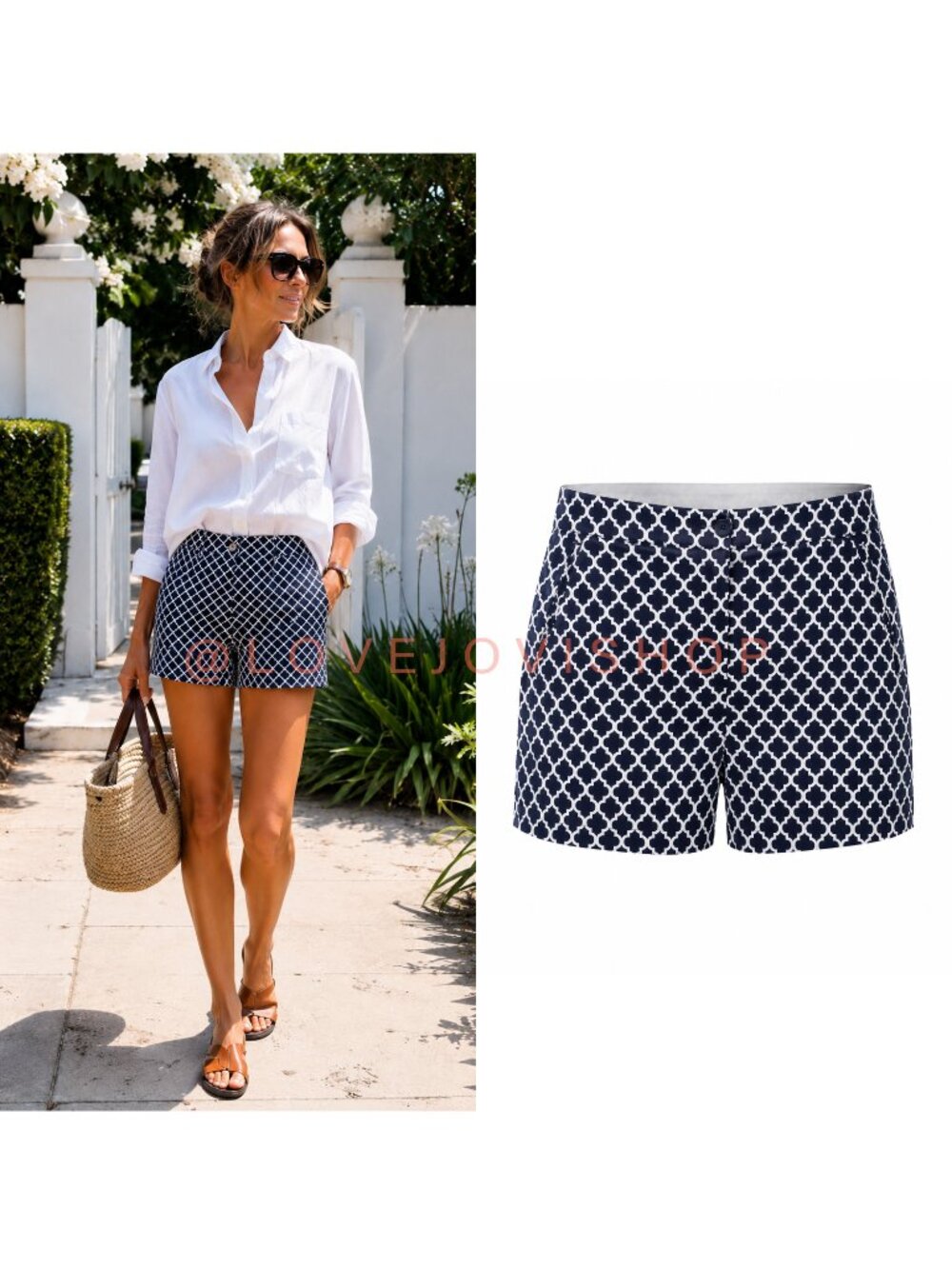 Shorts | Crown & Ivy Navy White Geometric Print Cotton Tailored Shorts | NWT 10